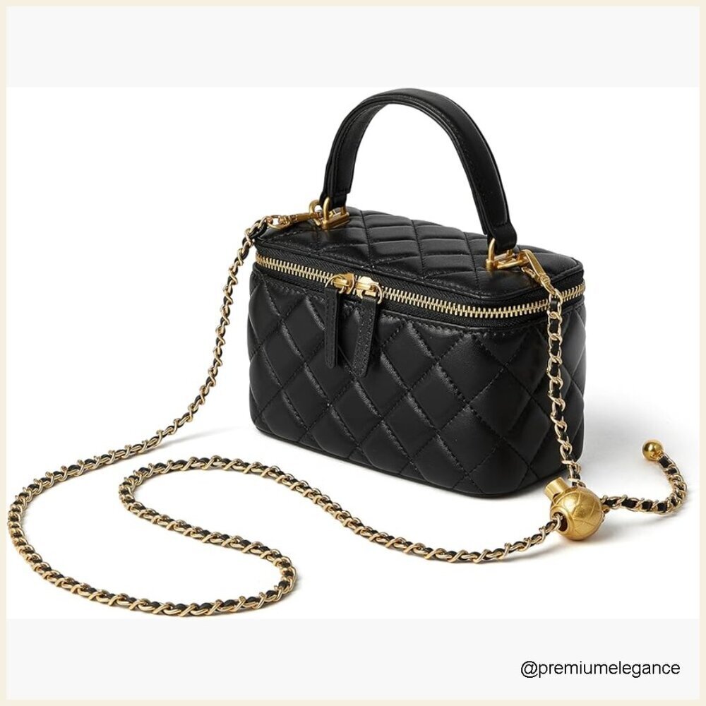 Mini Quilted Leather Crossbody Bag With Chain Strap Top Handle Pouch